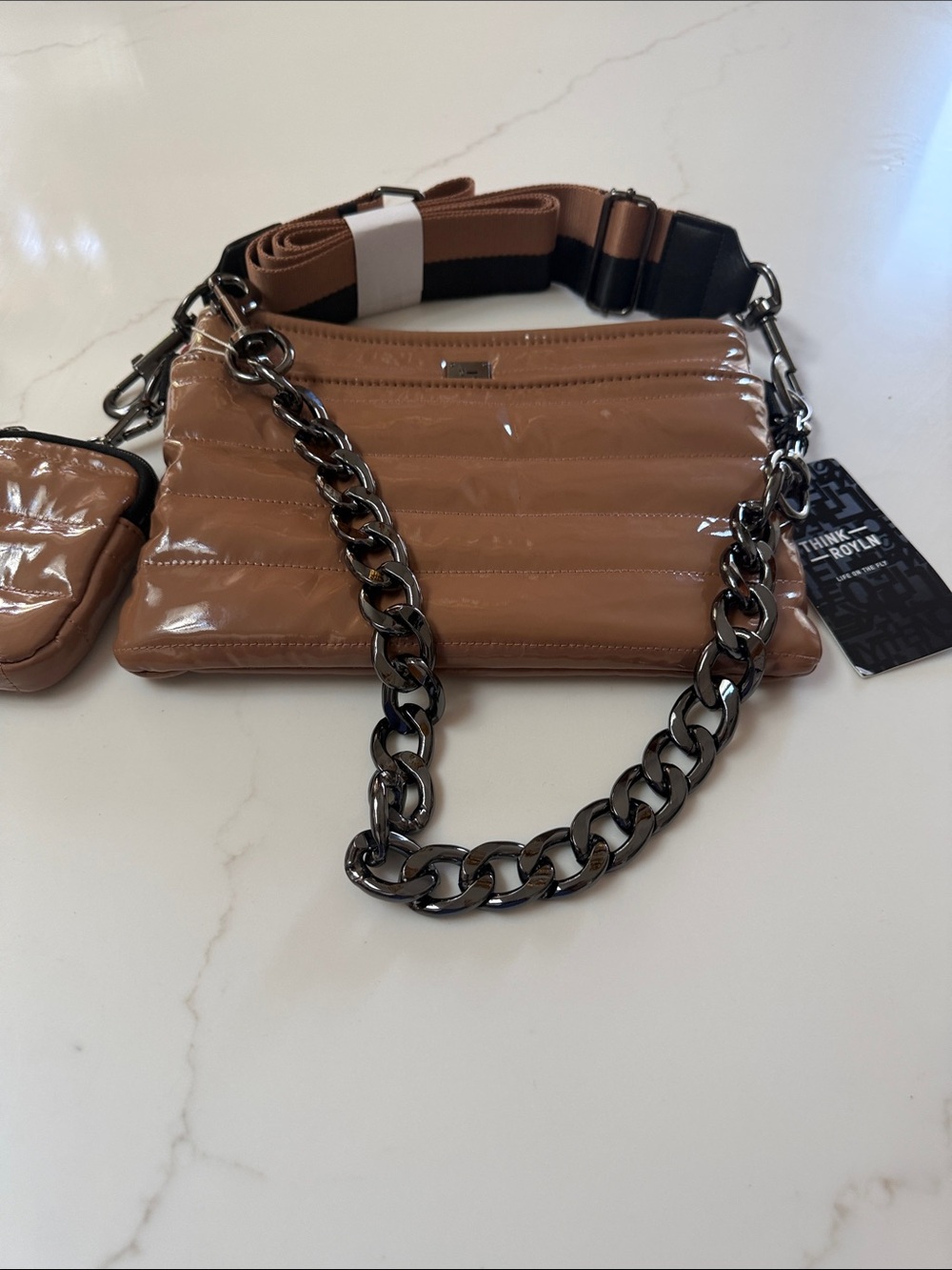 THINK ROYLN Glossy Tan Quilted Crossbody with Gunmetal Chain